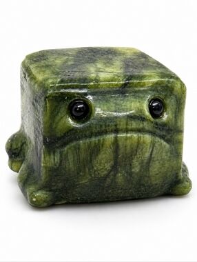 Green Jade Frog Carving 1.2” | Mini Crystal Frog Figurine | Cute Cube Grumpy